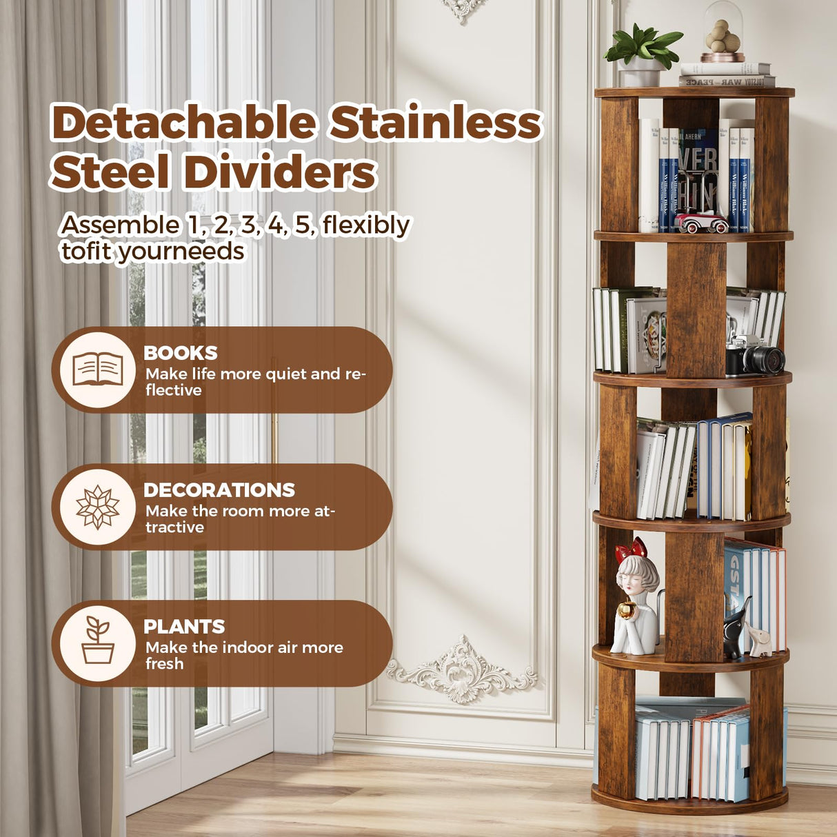 VYRIVA 5 Tier Rotating Bookshelf Tower, 360° Display Round Bookcase, Floor Standing Corner Revolving Bookshelf Organizer Storage Rack for Home Study Office, Walnut VYRIVA