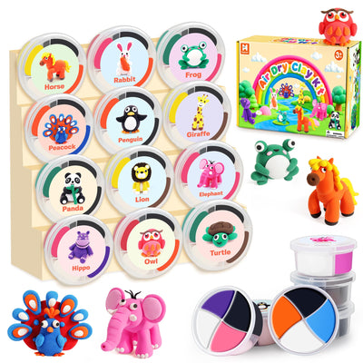 Air Dry Clay Kit for Kids, 12 Animals Modeling Clay with Tutorial Cards & Video, 8 Sculpting Tools, Ultra Light, Safe & Non-Toxic, DIY Art and Crafts Gifts for Boys Girls