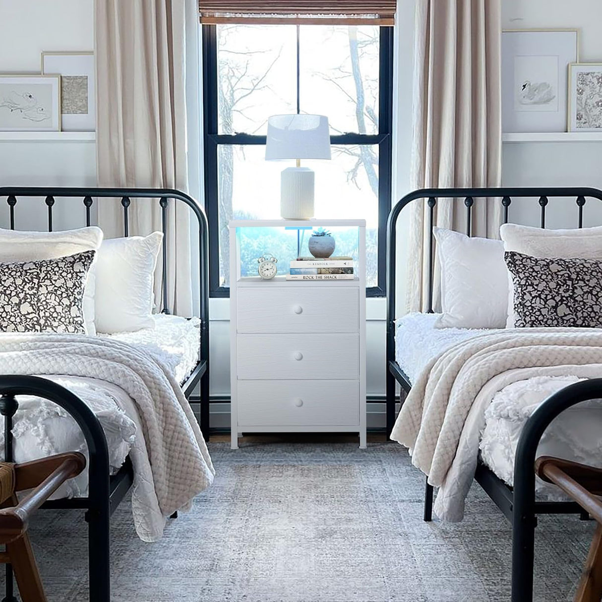 BOLUO White Night Stand with 3 Fabric Drawers, Nightstand with Charging Station LED Nightstand for Bedroom, Bedside Table with USB Ports and Outlets Modern BOLUO