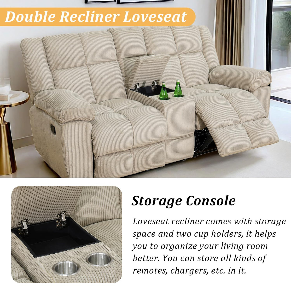 SIENWIEY Beige Corduroy Reclining Sofa Set for Living Room - Manual Fabric 3-Seater Sofa, Double Loveseat, and Chair SIENWIEY