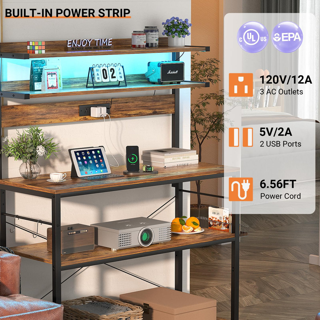 Aheaplus Bakers Rack with Power Outlet, Microwave Stand, 5 Tiers Coffee Bar Station with Led Lights, Kitchen Storage Shelf with 6 S-Shaped Hooks, Kitchen Rack Coffee Bar Stand, Rustic Brown Aheaplus