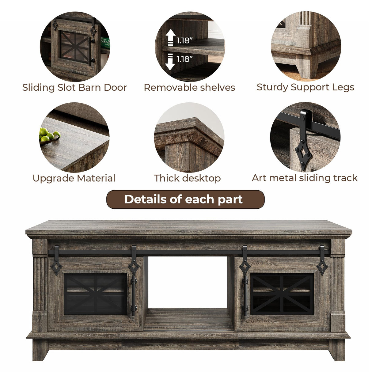 IRONCK 48'' Coffee Table with Sliding Barn Doors, Rustic Center Table with 6 Large Storage Space, Glass Doors and Adjustable Middle Shelf, Farmhouse Coffee Tables for Living Room, Meeting Room IRONCK