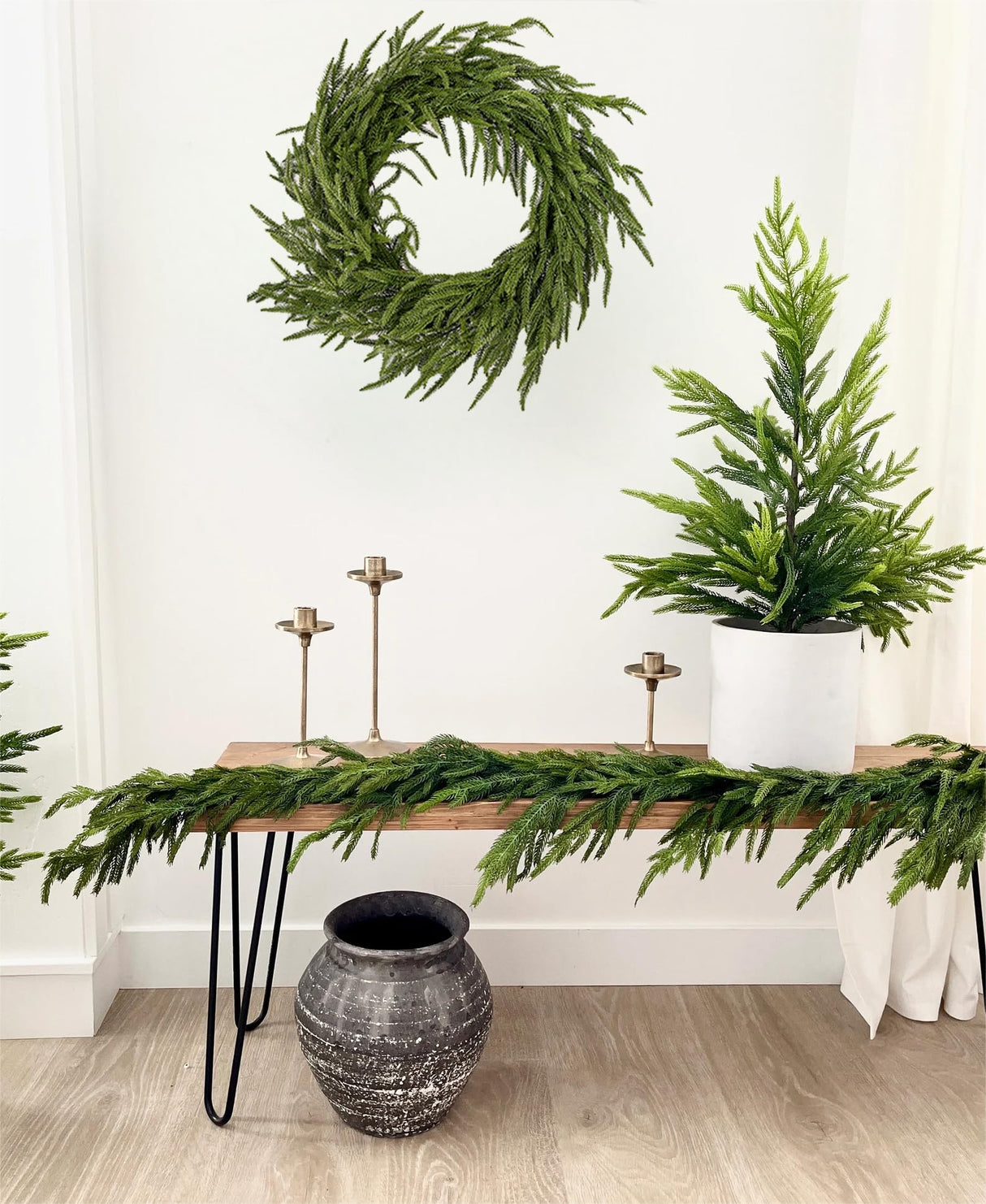 ENVEN Real Touch Norfolk Pine Christmas Garland and Wreath Set, 24IN Green Wreath and Christmas Garland Artificial Faux Greenery Norfolk Pine for Holiday Indoor Mantle Decor (6FT - 24IN) ENVEN