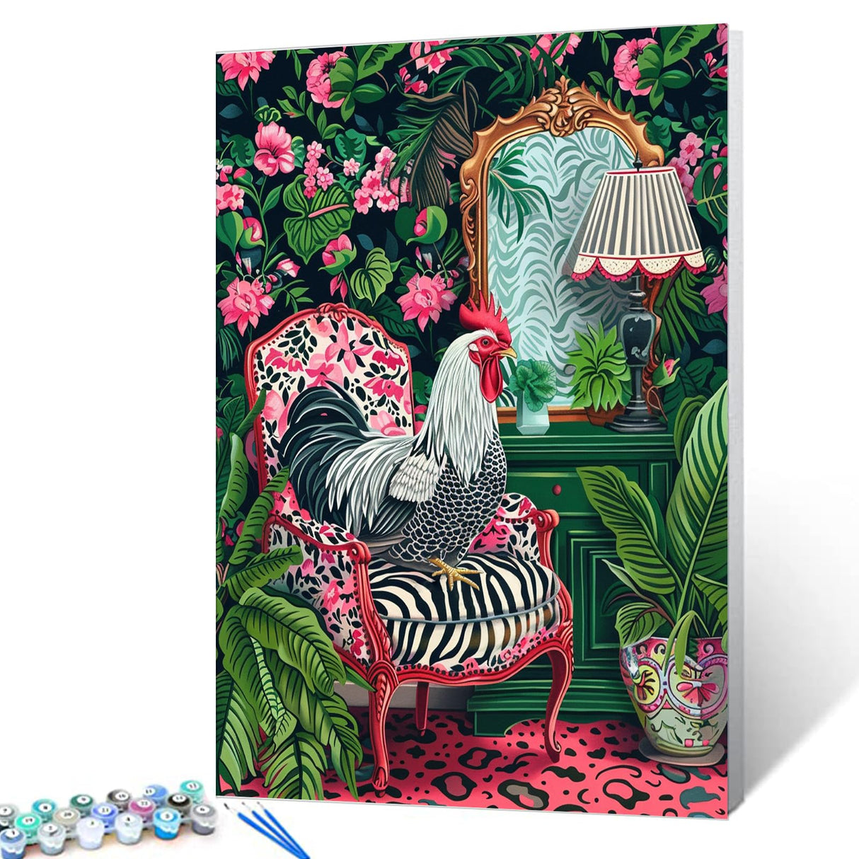 Rooster Animal Paint by Number Chicken Sitting on Sofa Paint by Number Kit Beginner Botanical Room Painting on Canvas Funny Pink Set for Home Decor and Gift for Festival 16''W x 20''H (No Framed) Tucocoo