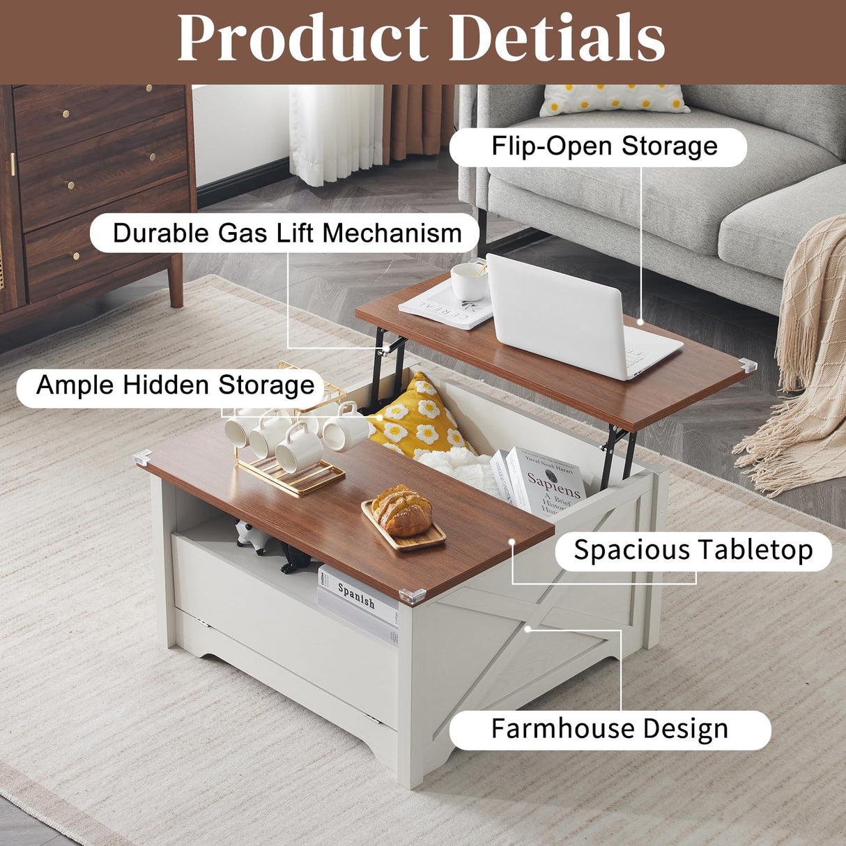 Karl home Coffee Table with Lifting Top, Farmhouse Coffee Table with Storage, Wood Square Coffee Table, Living Room Coffee Table, Center Table, Cocktail Table, 31.5", White Karl home