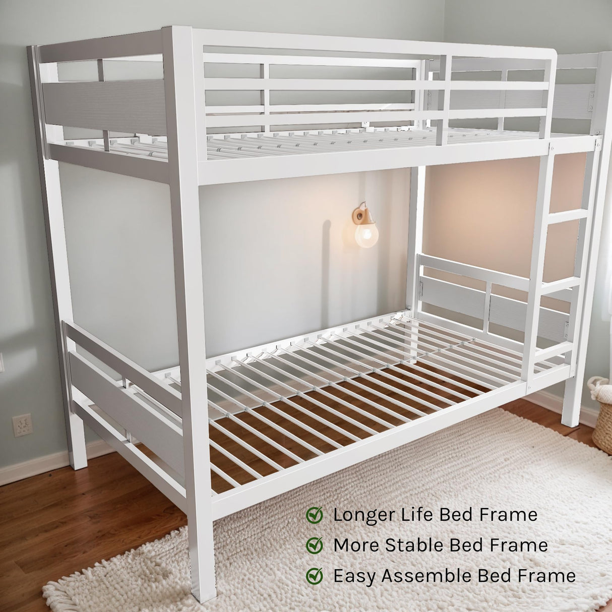 nesture. Bunk Bed Twin Over Twin, Heavy Duty Metal Bunkbeds with Ladder and Full-Length Guardrail, Space-Saving Steel Bed for Kids & Adults, No Box Spring Required, White nesture.