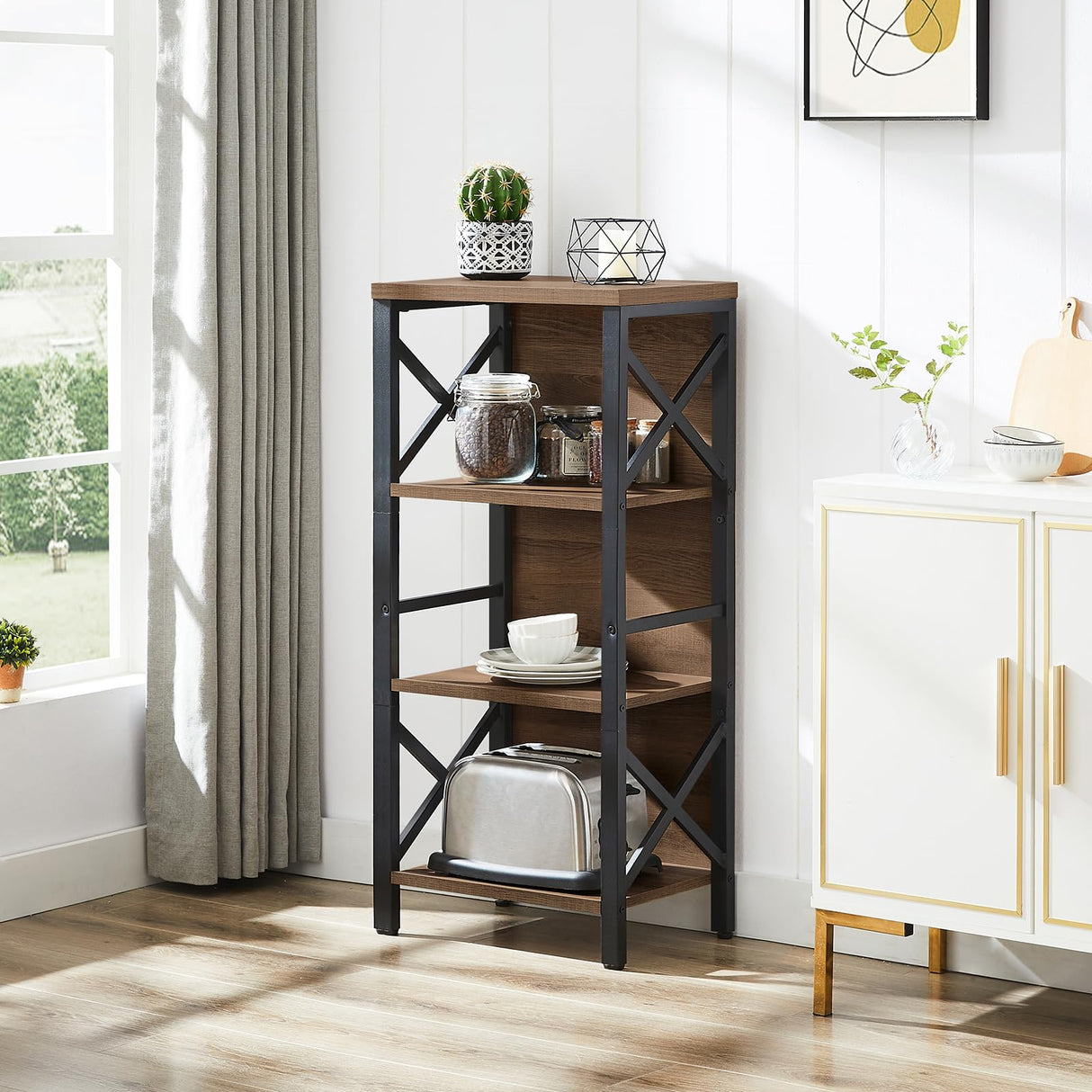 MNEETRUNG Small Bookshelf,4 Tier Industrial Bookcase with Metal Frame and Backboard,Narrow Rustic Brown Book Shelf,Book case for Small Spaces,Living Room,Bedroom and Home Office