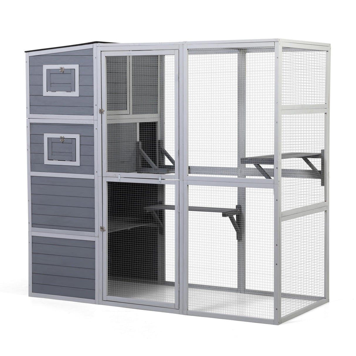 Outdoor Enclosure, 4-Tier Large Cat Catio with Weatherproof Roof, 2 Resting Rooms, 2 Platforms, Walk in Cat Cage Cat House, Wood (Grey) Nyeekoy