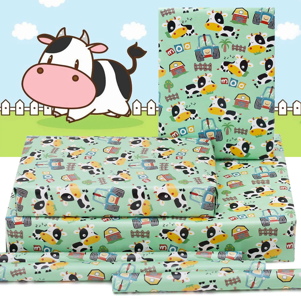 NEPOG Farm Cow Wrapping Paper for Boys Girls Kids, Cute Cow Farmhouse Tractor Farm Theme Design Green Birthday Paper 6 Sheets Folded Flat 20x28 inches per Sheet for Birthday Party Baby Shower NEPOG