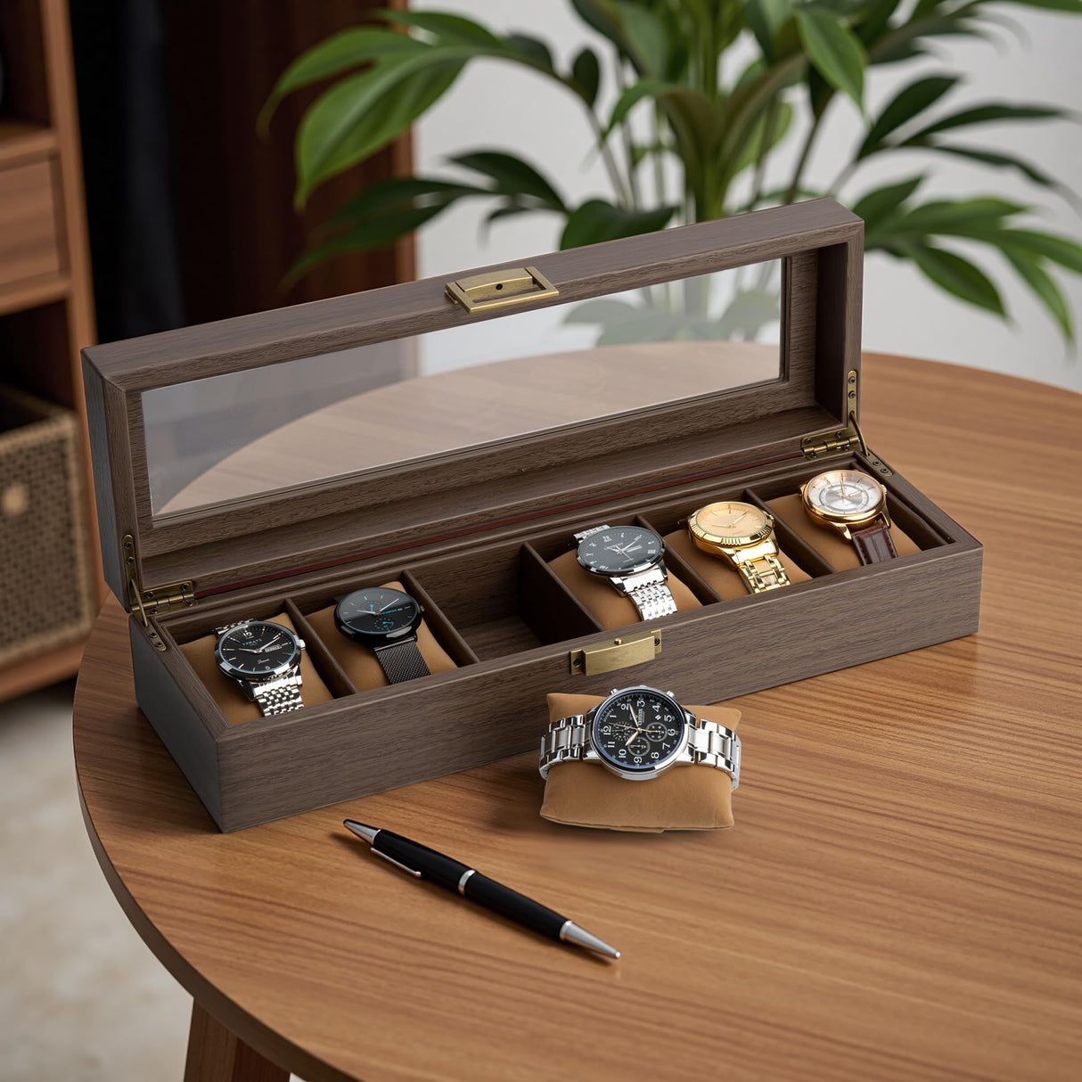Lonian Watch Box, Watch Case for Men 6 Slots Wood Storage Watch Case Organizer with Glass Display Top Exquisite and Durable Lonian