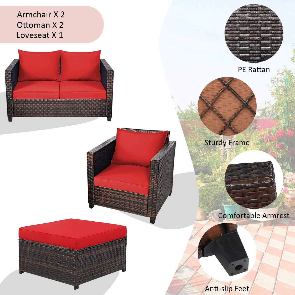 Tangkula 5 Pieces Patio Furniture Set, Outdoor Rattan Sofa Set w/Removable Cushions, Wicker Loveseat w/Single Sofa and Ottoman, Sectional Sofa Conversation Set for Backyard, Garden, Poolside (Red) Tangkula