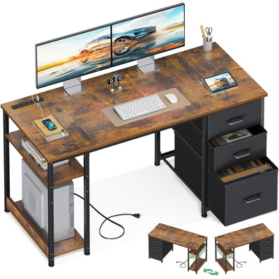AODK 51 Inch Computer Desk with Fabric Drawers & USB Power Outlets, Reversible Home Office Desk with Storage Shelves, Work from Home, Modern Work/Writing/Study Table for Bedroom, Vintage