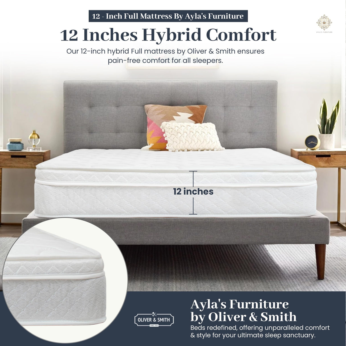 Aylas Furniture Full Size Mattress - 12 Inch Hybrid Mattress Full Size with High Density & Comfort Cold Foam with Continuous Coil Bonnell Springs - Eco-Friendly, Breathable Full Mattress Medium Firm Aylas Furniture