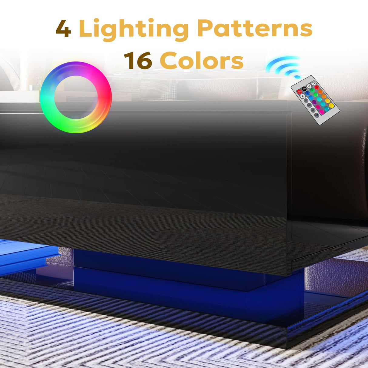 holzart Modern High Gloss Coffee Table with LED Lights & Storage, Black 2-Tier Rectangular Table with Tempered Glass Top and Drawer, Center Table for Living Room, Gaming & Movie Night holzart