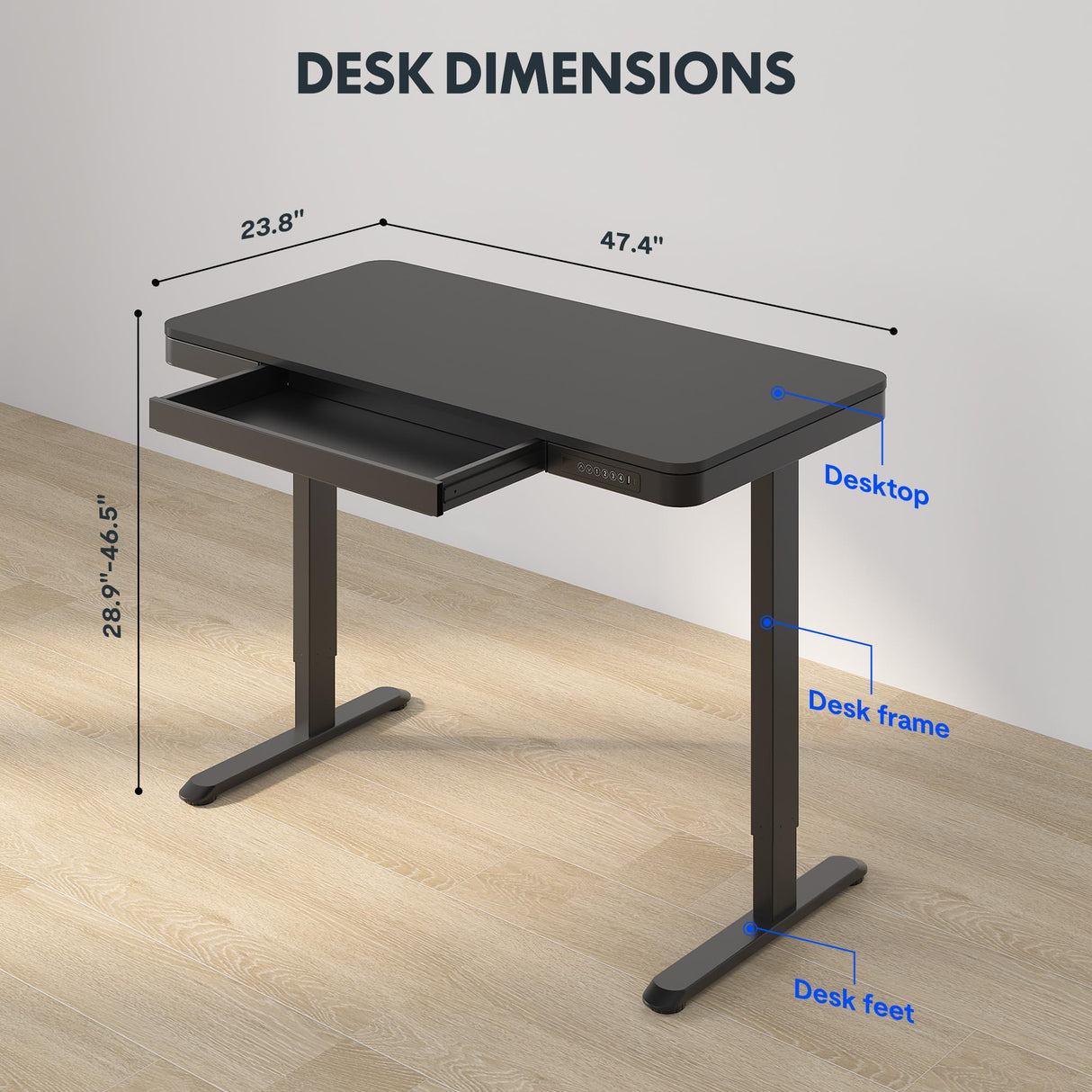 FLEXISPOT Comhar Electric Standing Desk with Drawer Desktop & Adjustable Frame Quick Install w/USB Charge Ports (Black, Wood) FLEXISPOT