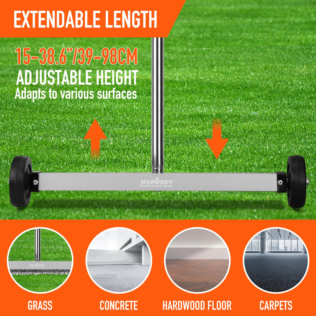 HORUSDY 17-Inch Rolling Magnetic Sweeper with Wheels | Adjustable Handle | 8.8-Pound Capacity Heavy-Duty Magnet to Pick Up Nails HORUSDY