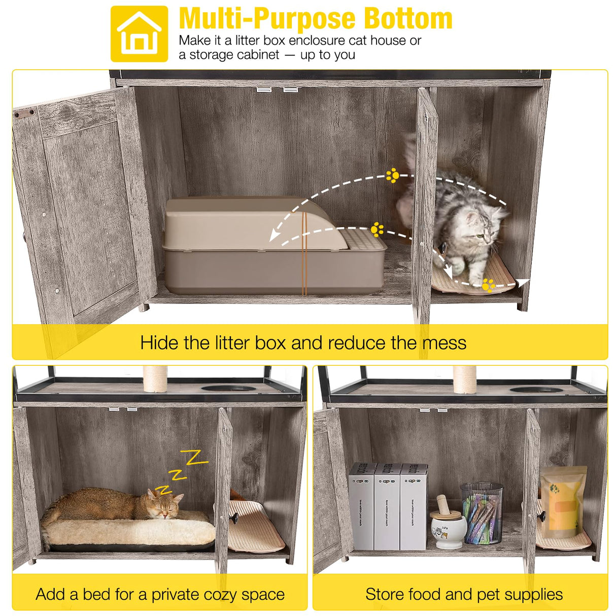 Aivituvin Cat Litter Box Enclosure, Litter Box Furniture Hidden, Wooden Cat Washroom Furniture, Indoor Cat House with Condo, Hammock, Scratching Mat and Storage Shelves-Greige Aivituvin