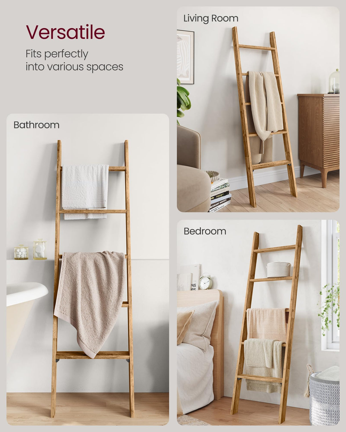 VASAGLE Blanket Ladder Decorative Farmhouse for The Living Room, 5-Tier Ladder Shelf, Ladder Rack for Storage and Decor, Honey Brown ULLS018K41 VASAGLE