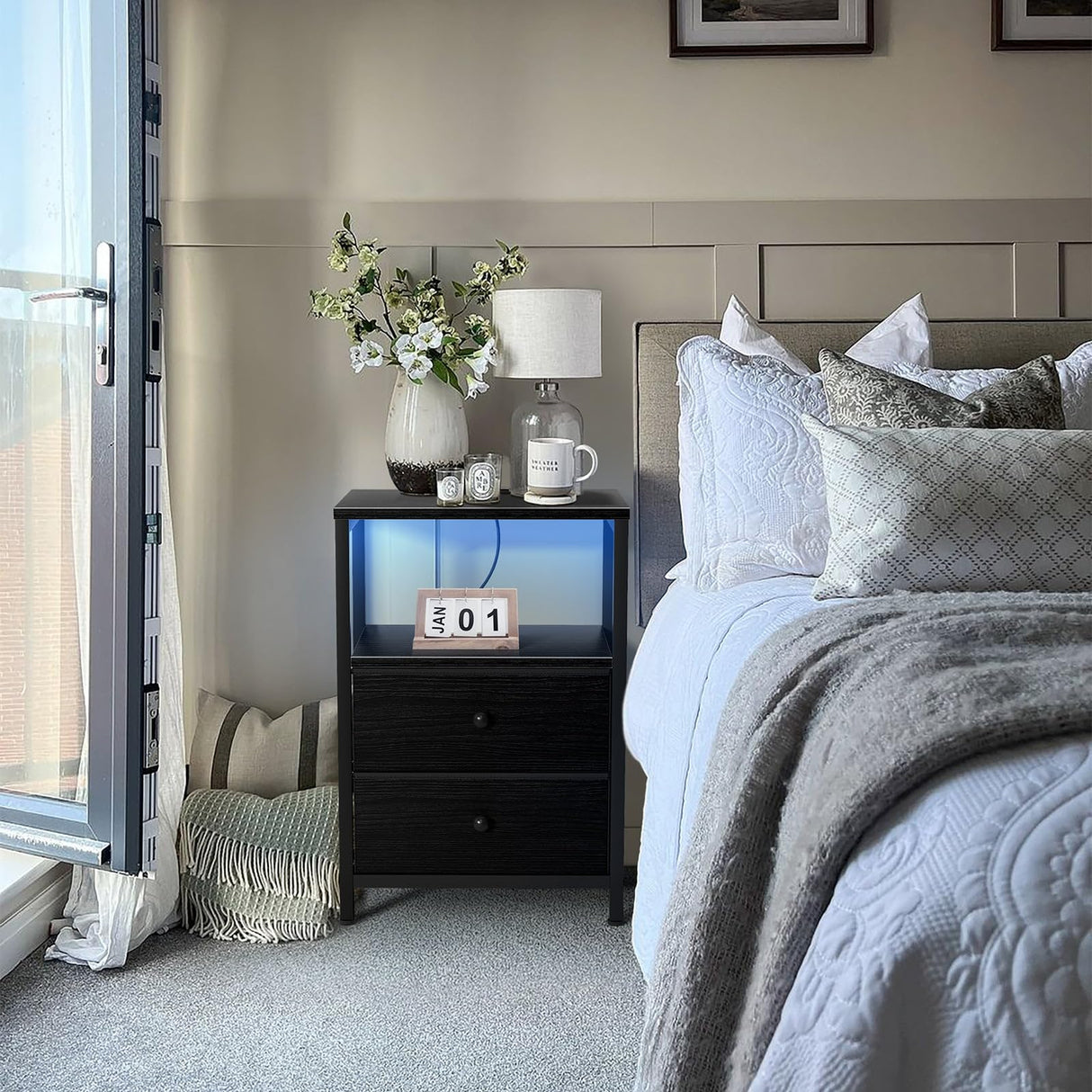 BOLUO Black Nightstand with Charging Station, LED Night Stand with 2 Fabric Drawers, Bedside Table with USB Ports and Outlets, Nightstand for Bedroom Modern BOLUO