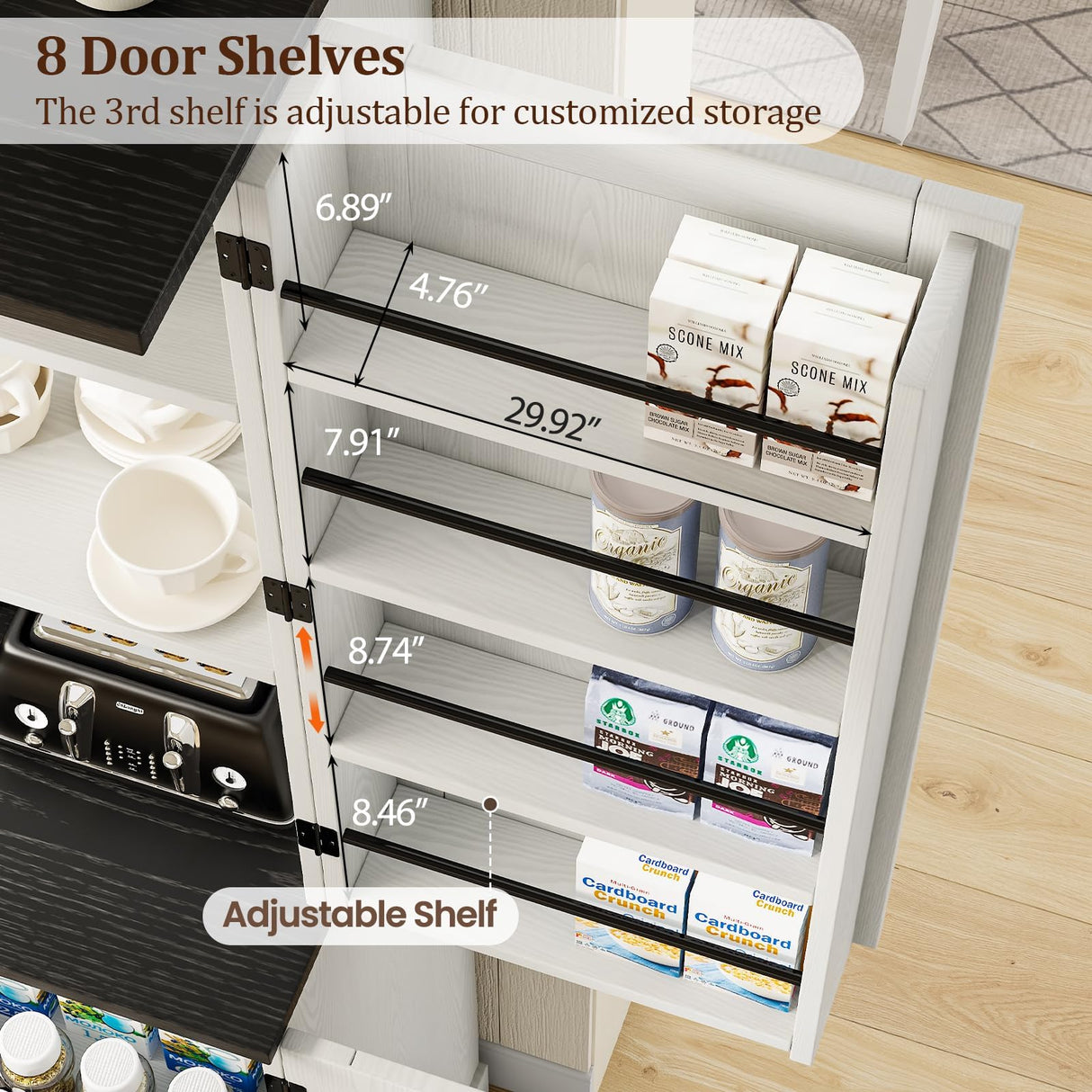 REVOMINCA 72" Kitchen Pantry Cabinet, Farmhouse Pantry Cabinet with 8 Hanging Rack Shelves & 3 Pull-Out Racks, Pantry Storage Cabinet, Freestanding Cupboard for Kitchen, Dining Room, White REVOMINCA