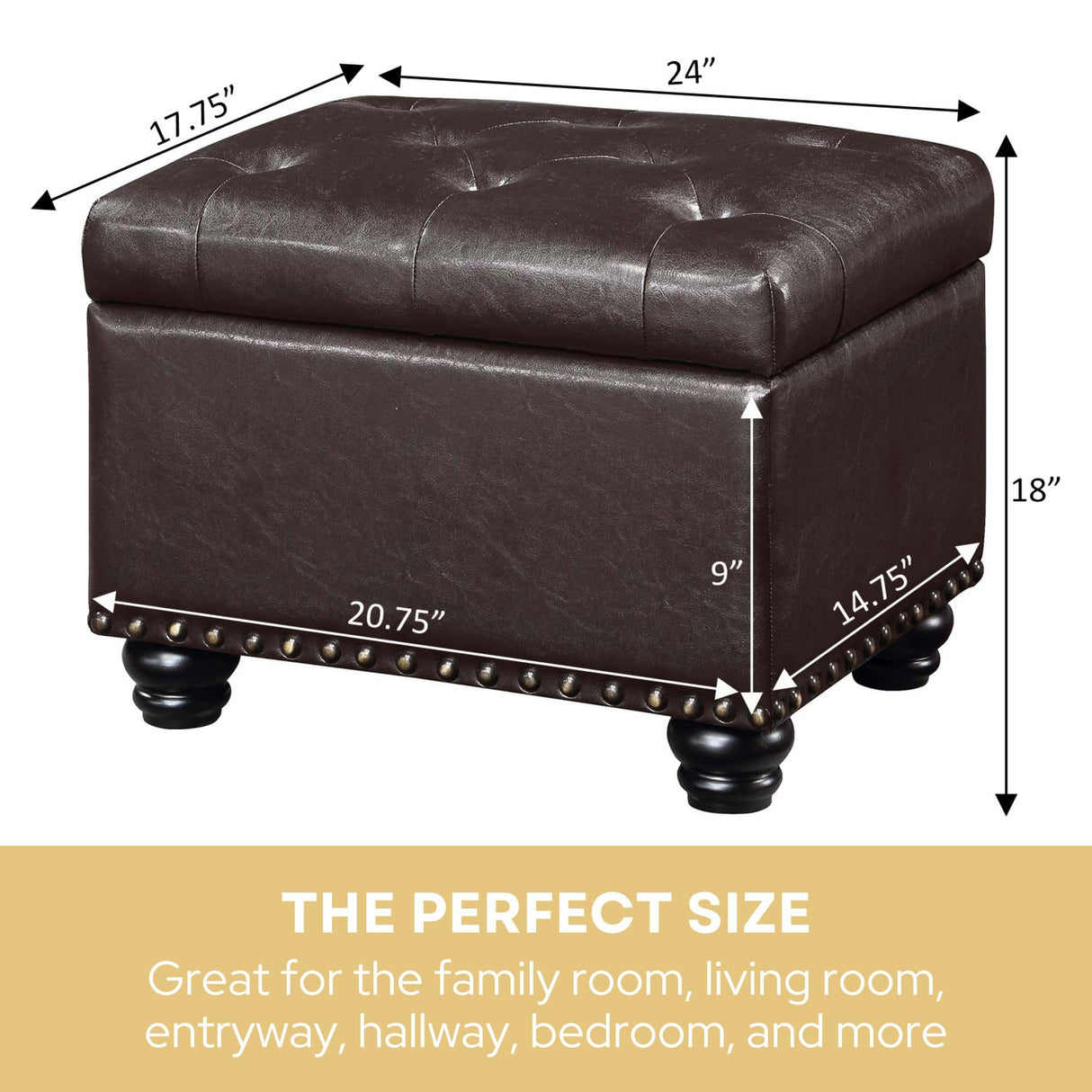 Convenience Concepts Designs4Comfort 5th Avenue Storage Ottoman 24" Contemporary Foot Stool and Seat with Hinged Lid for Living, Dining Room, Office, Den, Dark Espresso Convenience Concepts