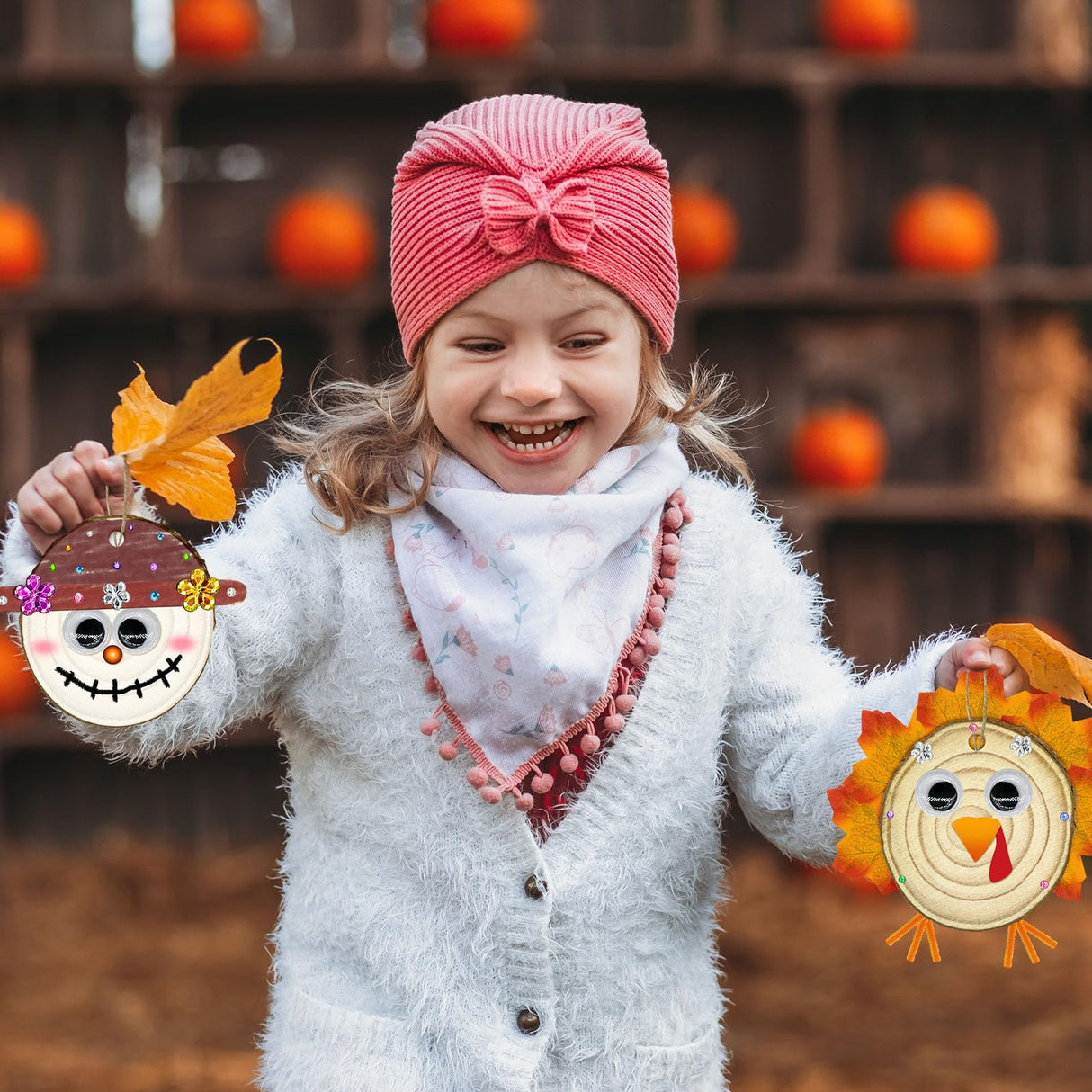 24 Set Fall Wooden Painting Crafts Kit,Unfinished Wood Slices with Holes Round Log DIY Crafts Hanging Ornaments Thanksgiving Fall Pumpkin Painting Kits Bulk for Classroom Activity DIY Art Projects Cinrobiye