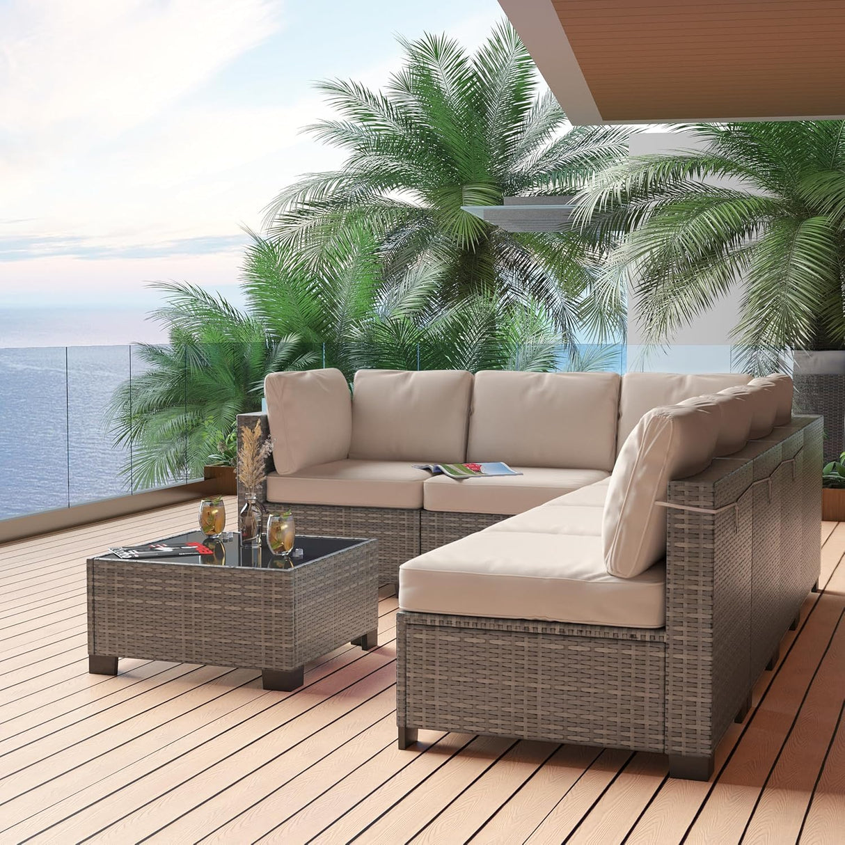6 Piece Outdoor Patio Furniture Set with Coffee Table, Rattan Deck Conversation Sofa Set, All-Weather Sectional Rattan Sofa with Glass Top Coffee Table, Poolside, Garden, Porch, Grey + Beige GAOMON