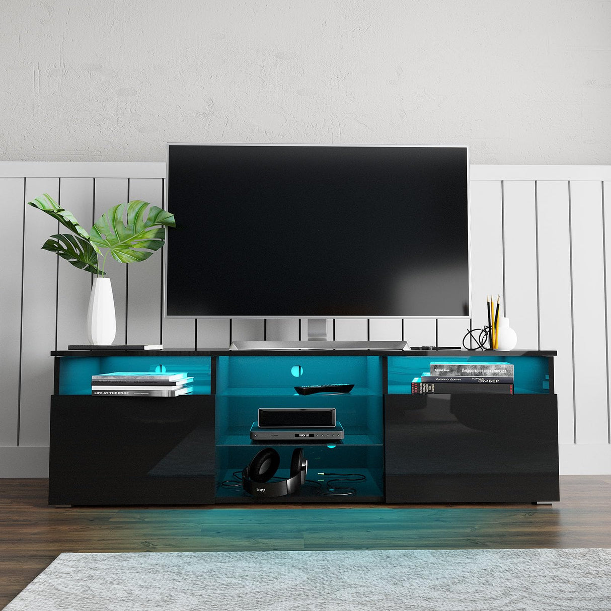 Uspeedy TV Stand,High Glossy LED TV Stand for 55 inch TV Stand,Modern TV Entertainment Center with Adjustable Storage Shelf,TV Console Table with RGB LED 20 Color Lighting(47IN Black) Uspeedy