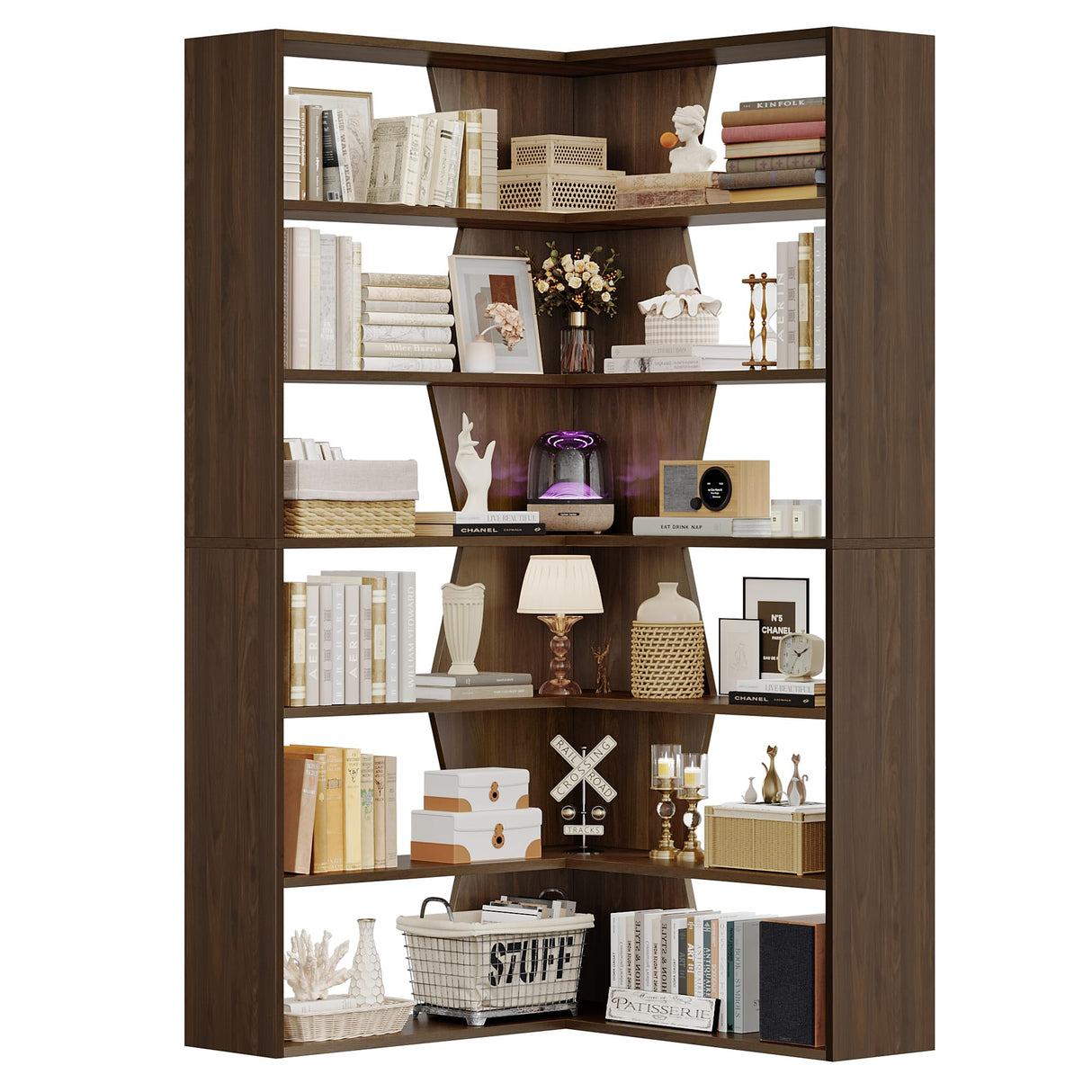 FACBOTALL 6-Tier Corner Bookshelf, Modern Bookshelf and Bookcase, Tall Bookcase Open Display Storage, L Shaped Corner Shelf for Library, Living Room, Home Office, Rustic Brown FACBOTALL