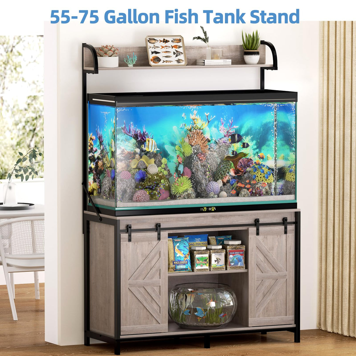 SYESWAY 55-75 Gallon Fish Tank Stand with Power Outlets, Heavy Duty Metal Frame Aquarium Stand with Barn Door, Turtle Reptile Terrariums Stand, 1000LBS Capacity, Grey SYESWAY