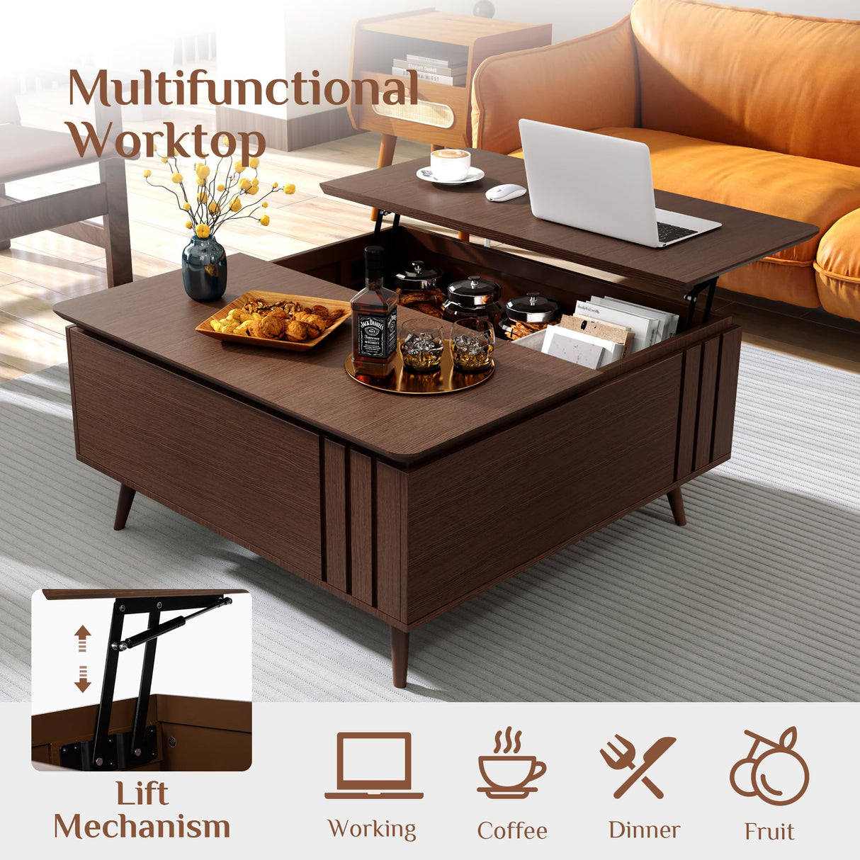 JOINICE,Lift Top Coffee Table with Storage,Mid Century Modern Square Coffee Table,Walnut Wood Coffee Table,Multi-Functional Coffee Tables for Living Room,Convenient for Eating,Gaming,or Working JOINICE