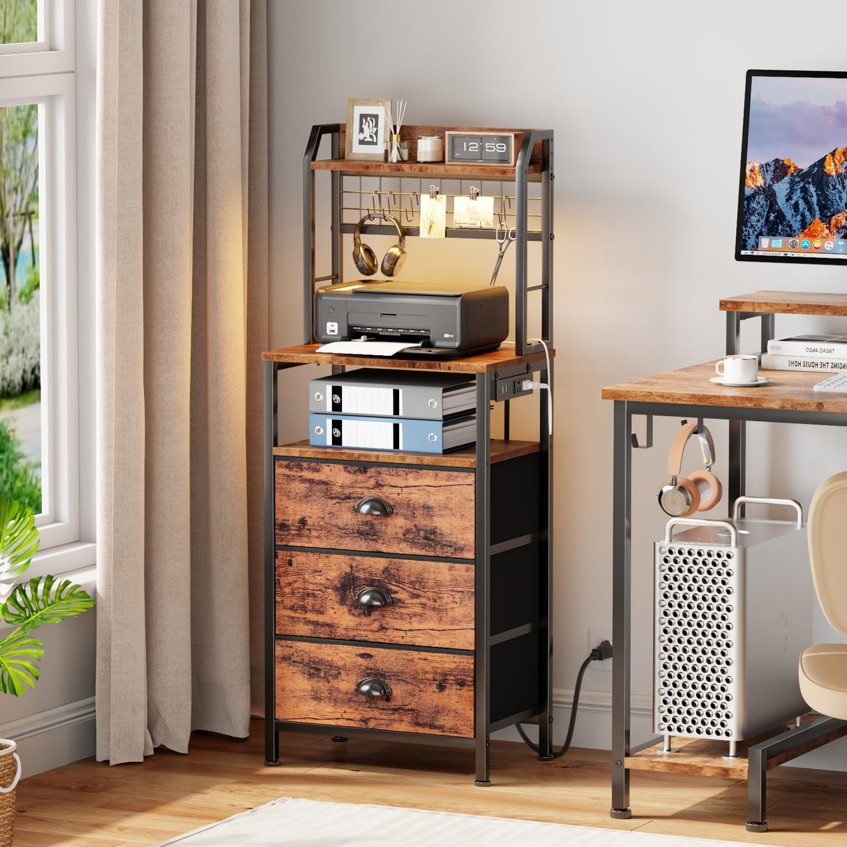 Furologee Tall Nightstand with 3 Drawers, Bedside Table with LED Lights and Charging Station, Night Stand with Pegboard and Shelves, 44'' Tall Bedside Table for Bedroom/Living Room/Dorm/Rustic Brown Furologee