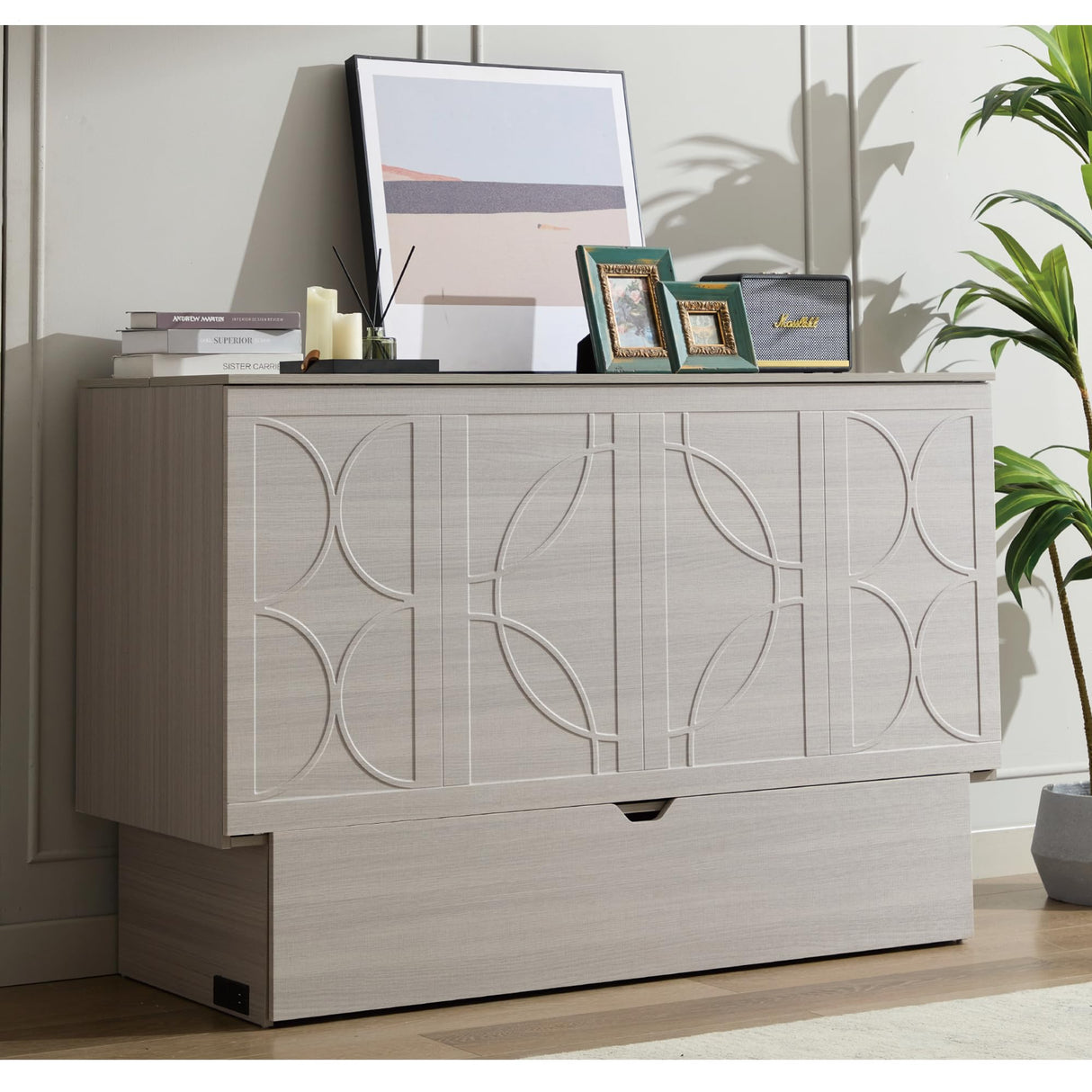 KEIKI Murphy Bed Cabinet Queen - Foldable Wall Bed with Foam Mattress, 2 Large Storage Drawers & USB Charging Station, Space Saving Furniture for Guest Room, Bedroom, Office, Living Room, Grey KEIKI