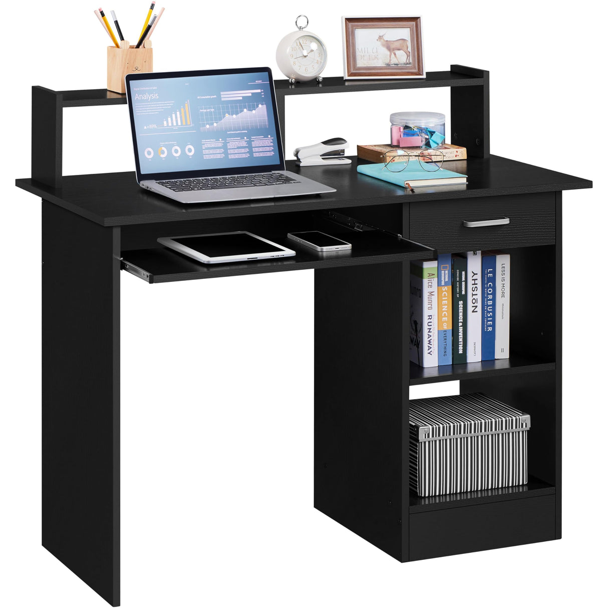 Yaheetech Home Office Wood Computer Desk with Drawers and Pull-Out Keyboard Tray, Study Writing Desk PC Laptop Table with Hutch and Storage Shelves, Modern Workstation, Black Yaheetech
