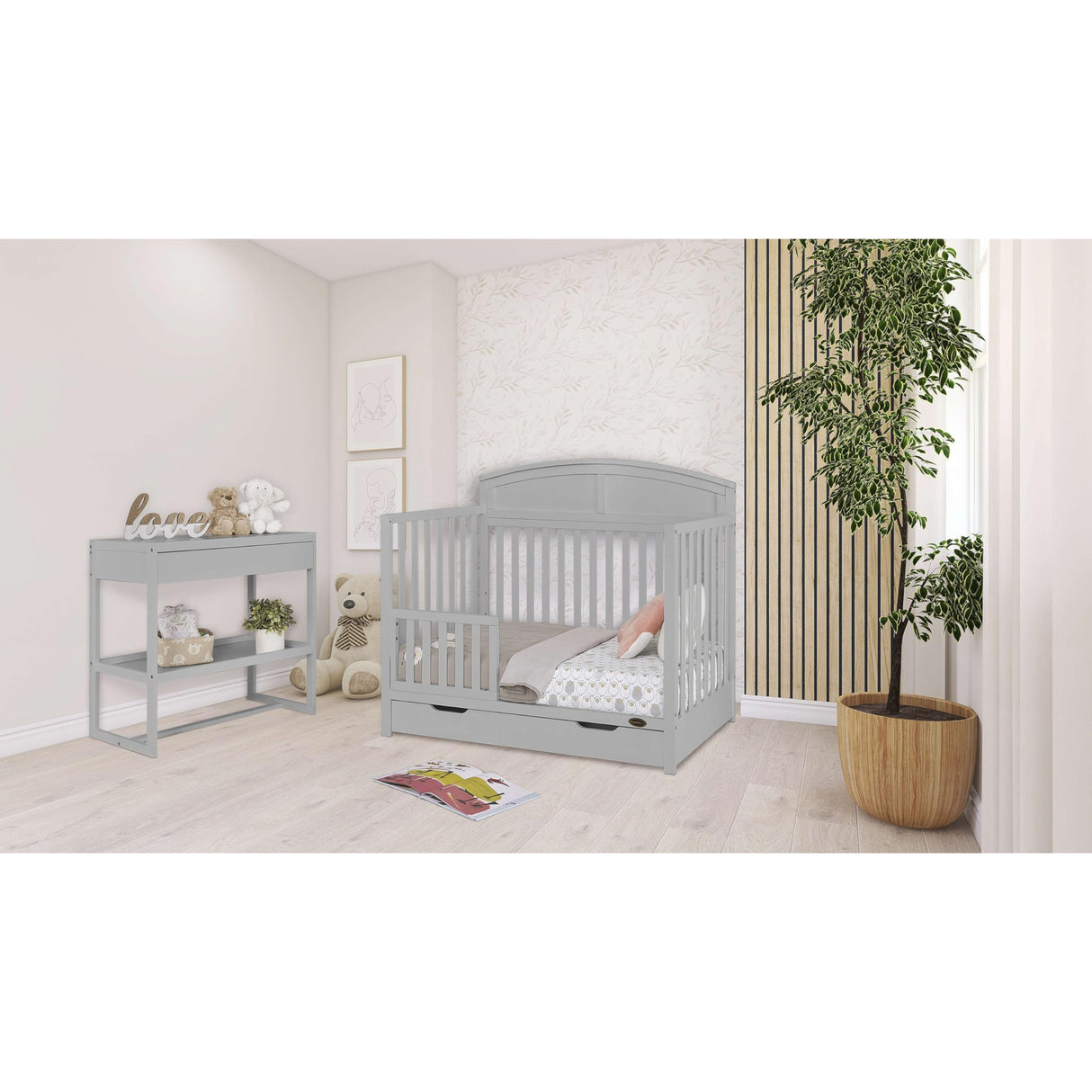 Dream On Me Storybrooke 5 in 1 Convertible Crib with Under Drawer in Pebble Grey, JPMA & Greenguard Gold Certified, Made of Sustainable Pinewood, Non-Toxic Water-Based Paint Finish Dream On Me