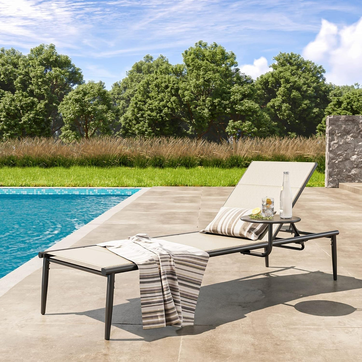 EAST OAK Textilene Outdoor Chaise Lounge, 2024 Aluminum Patio Lounge Chairs with Side Table, 5-Positions Adjustable Lounge Chaise for Outside, Recliner Chair for Pool, Beach, Backyard, Porch, Lawn EAST OAK