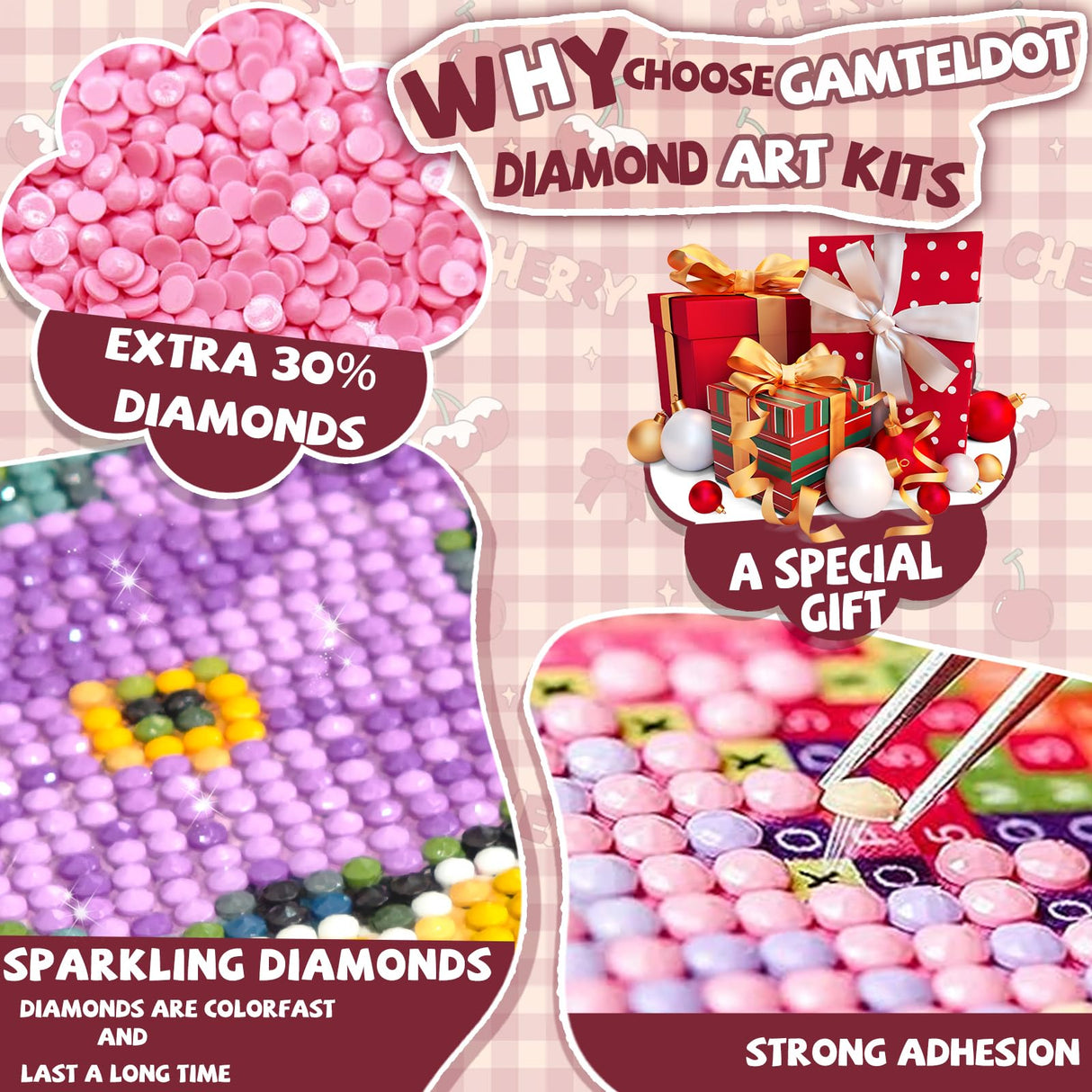 Gamteldot Cherry Diamond Art Kits for Adults Beginners,DIY Diamond Art 5D Full Drill Diamond Dots Diamond Painting with Complete Tools,Pefect Art Crafts for Home Wall Decor Gift-12x16in Gamteldot