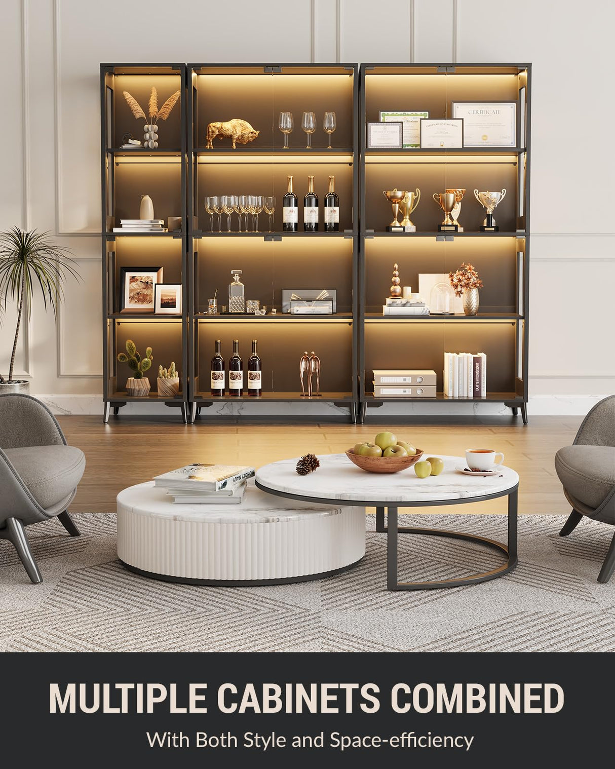 Glass Display Cabinet with Doors, 4-Tier Display Case with Adjustable Shelves, RGB LED Lights with App & Remote Control, Curio Storage Cabinet with Metal Base for Collectibles, Books, Black Zephome