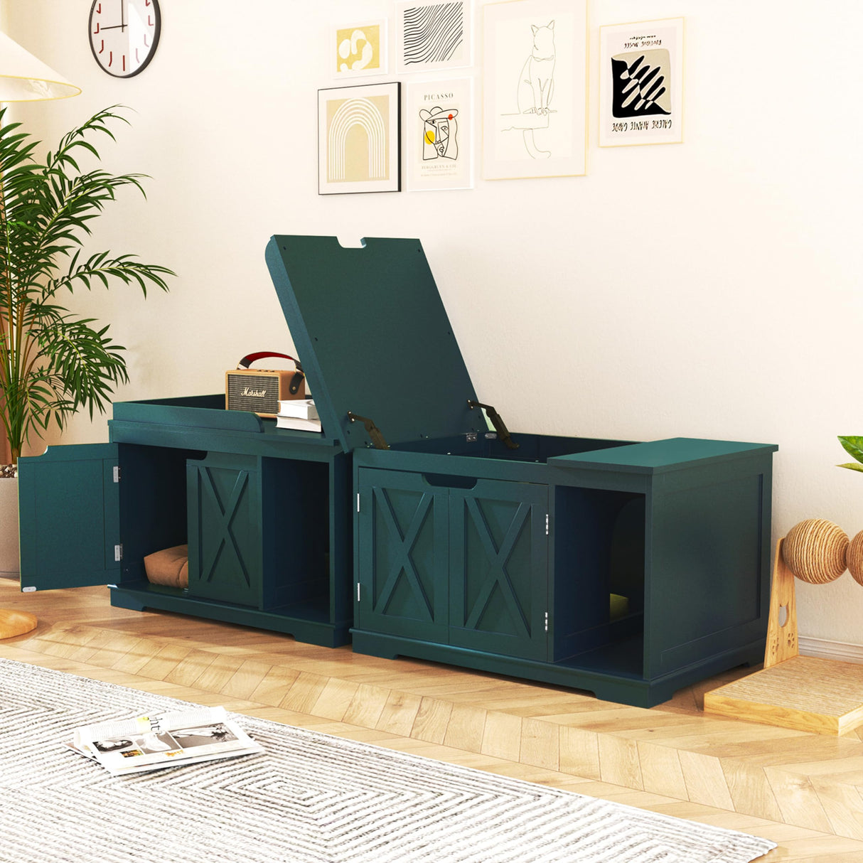 PUPETPO Flip Top Cat Litter Boxes Enclosure Covered Litter Box Hidden Furniture Wooden Cat Washroom Cabinet for Kitty, Medium and Large Cat Green PUPETPO