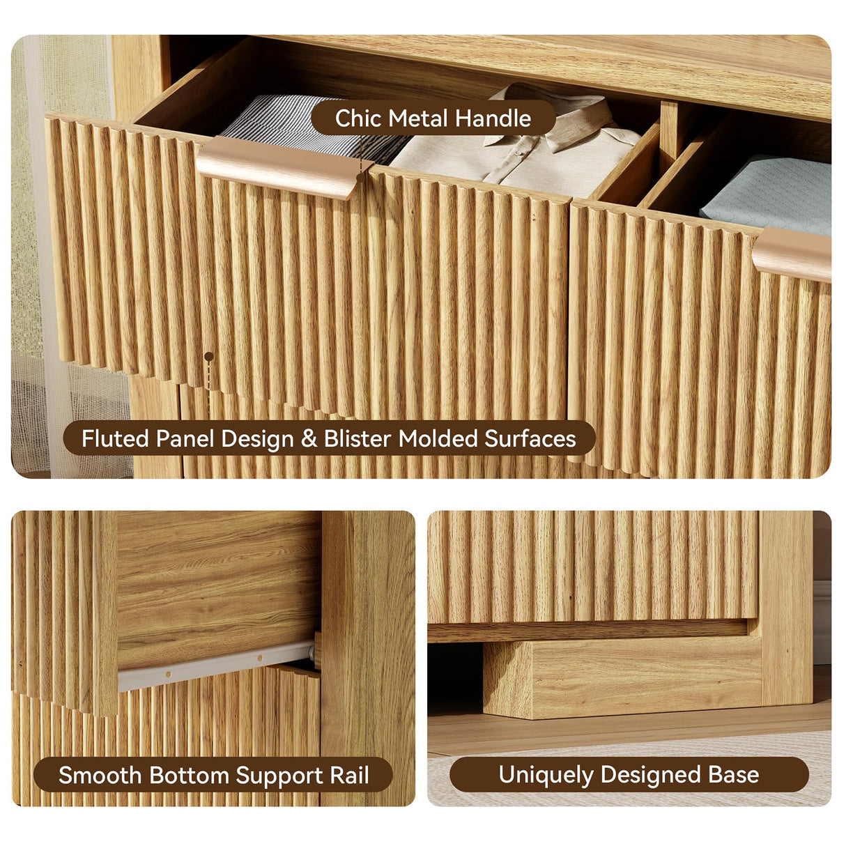 HOTALLOY Fluted Dresser for Bedroom, 9 Drawer Dresser with Gold Handle, 57" Wide Chest of Drawers, Modern Wood Dressers Organizer for Bedroom, Liveroom, Entryway, Natural Oak HOTALLOY