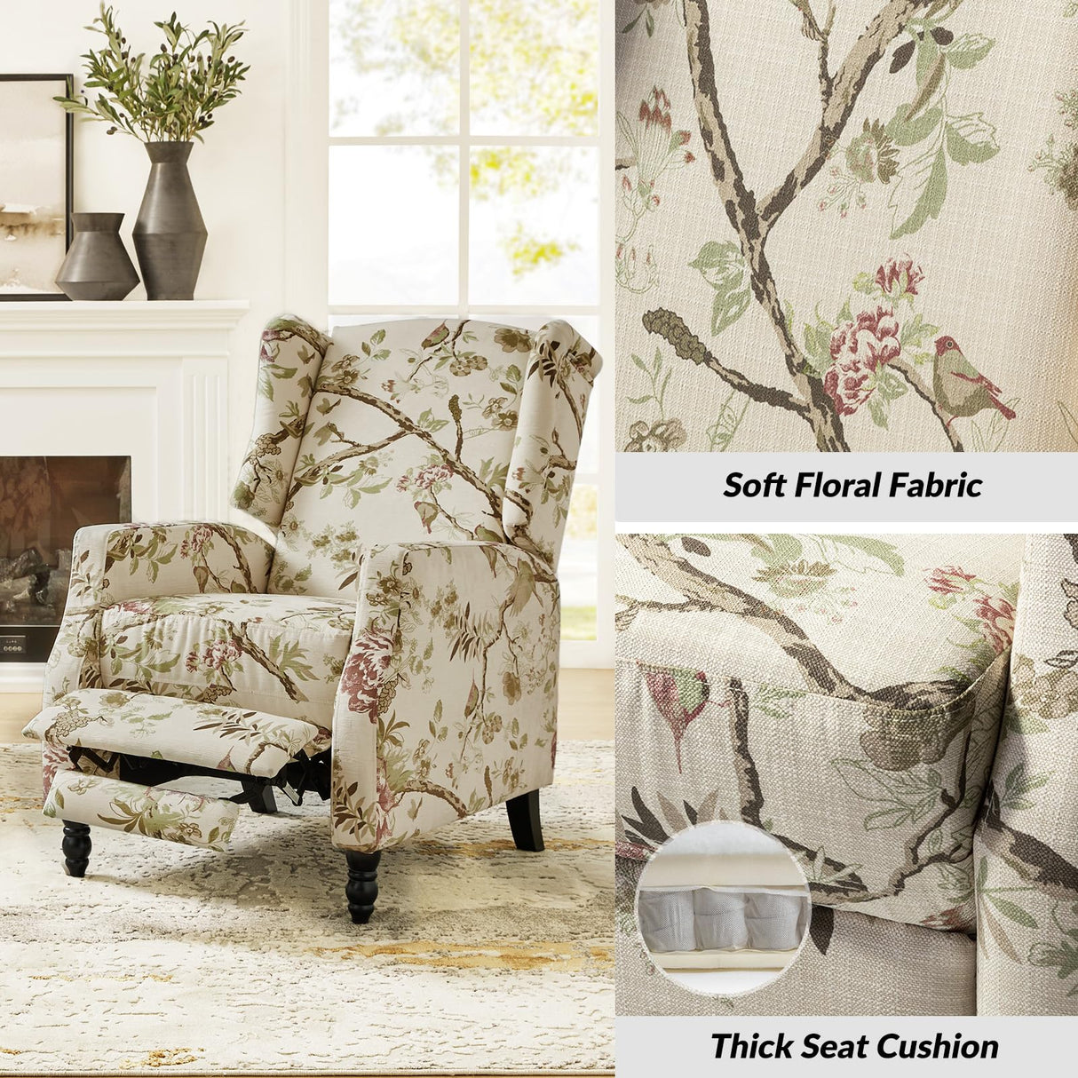 Tina's Home Wingback Recliner Chair, Traditional Push Back Recliner Sofa, Mid Century Modern Lounge Armchair for Living Room, Home Theater Accent Chairs Upholstered Recliners Couches,Bird TINA'S HOME