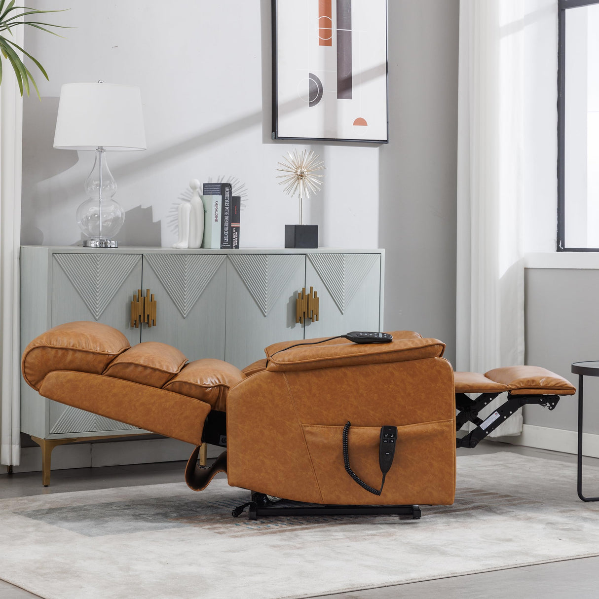 EZZUP Lay Flat Lift Chair with Heat and Massage, Dual Motor Recliner with Infinite Position, Up to 350 LBS Electric Power Lift, Yellow Brown Leather Recliner EZZUP