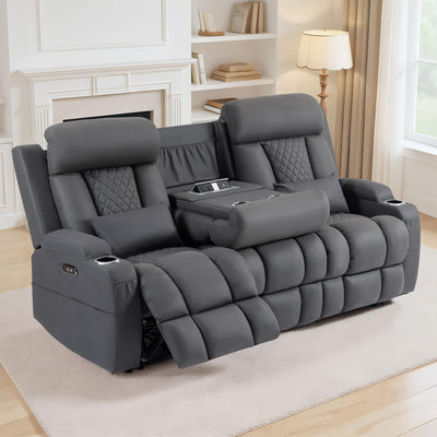 CALIVIA Wall Hugger Power Reclining Sofa with Manual Adjustable Headrests, Electric Recliner Couch with Drop-Down Table, Power Recliner Sofa 3-Seater with Charging Ports for Living Room (Grey)