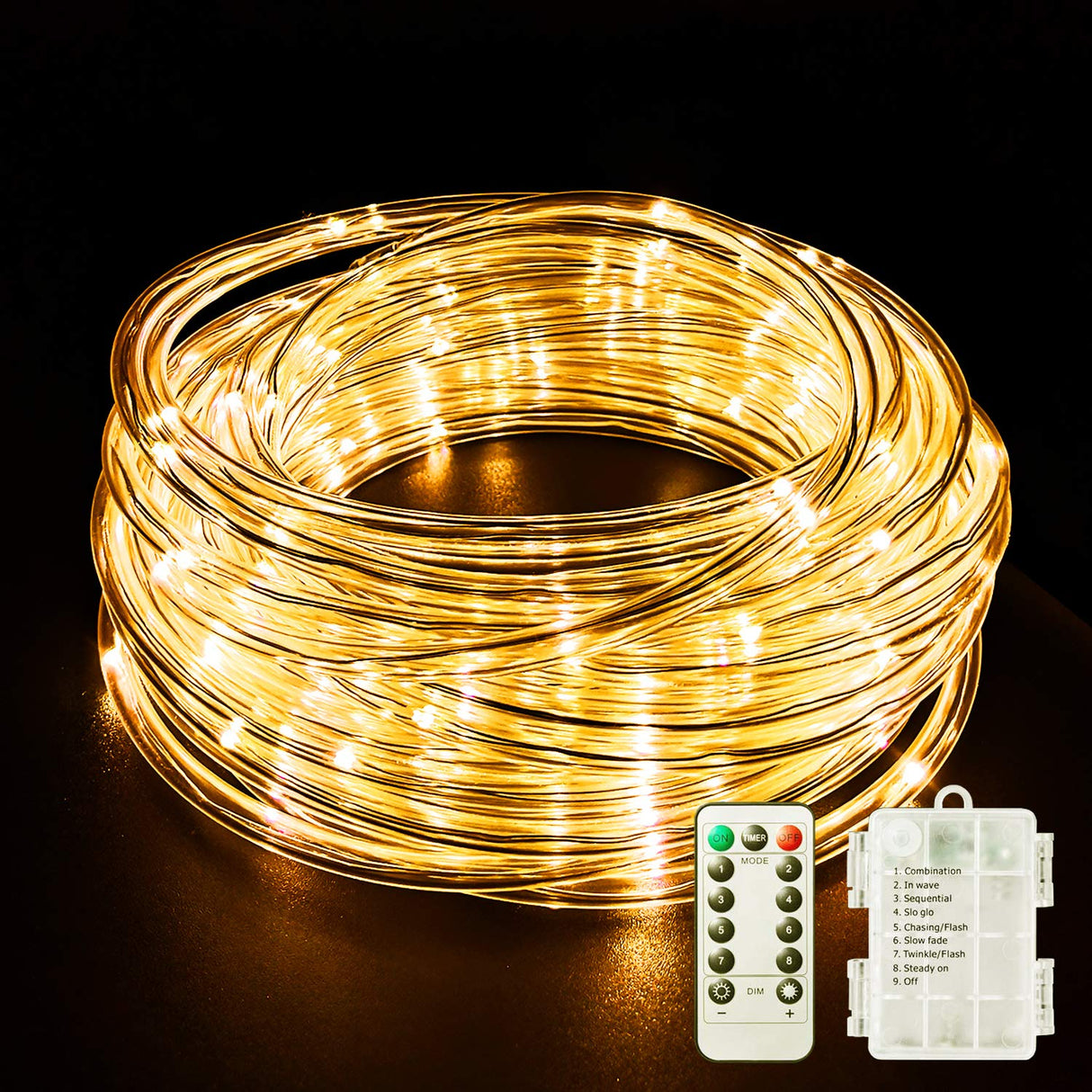 Fitybow LED Rope Lights Battery Operated String Lights 40Ft 120 LEDs 8 Modes Hanging Fairy Lights Dimmable/Timer with Remote for Camping Party Halloween Christmas Decoration (Warm White) Fitybow