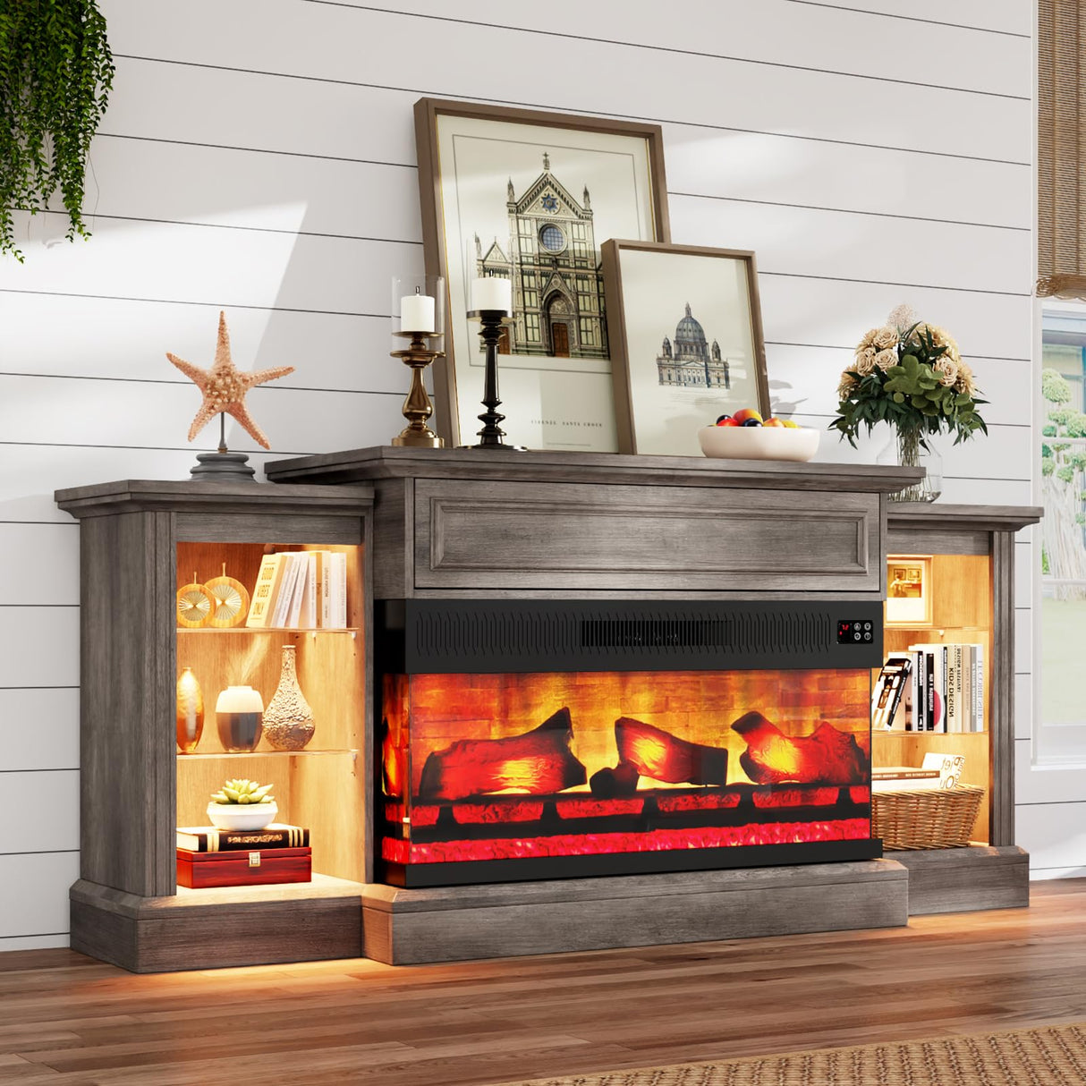 AMERLIFE 70" Electric Fireplace with Mantel, Farmhouse 3-Sided Fireplace TV Stand for TVs up to 75 Inch, Entertainment Center with Adjustable Shelves & LED Light, Rustic Grey AMERLIFE
