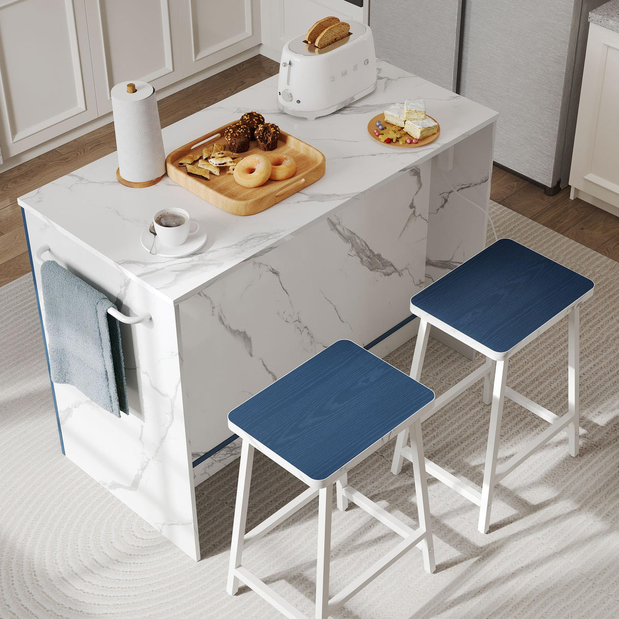 YITAHOME 3 Piece Kitchen Island Set with 2 Chairs, Large Kitchen Island with Seating and Storage, Dining Counter Table with Power Outlet, Drawers, Spice/Towel Rack, White Marble Finish, Navy Blue YITAHOME