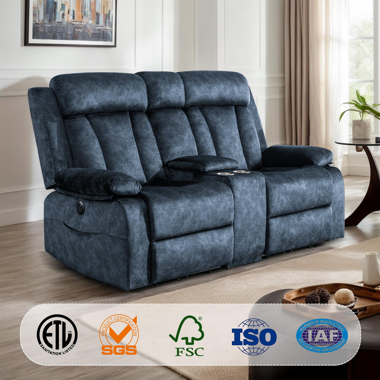 PALLOME Power Reclining Loveseat with Heat & Massage, Dual Recliner Sofa with Console, Cup Holders, USB & Type-C Ports, 2 Seater Electric Reclining Couch for Living Room, RV (Blue, 2 Seat) PALLOME