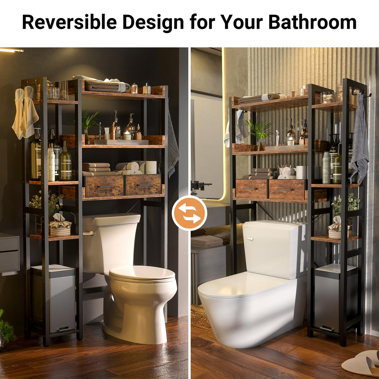 Over The Toilet Storage with 2 Drawers - 7 Tier Bathroom Organizer with Adjustable Shelf, Freestanding Space Saver Storage Rack Above Toilet Stand with 4 Hooks for Restroom, Laundry, Rustic Brown Besiost