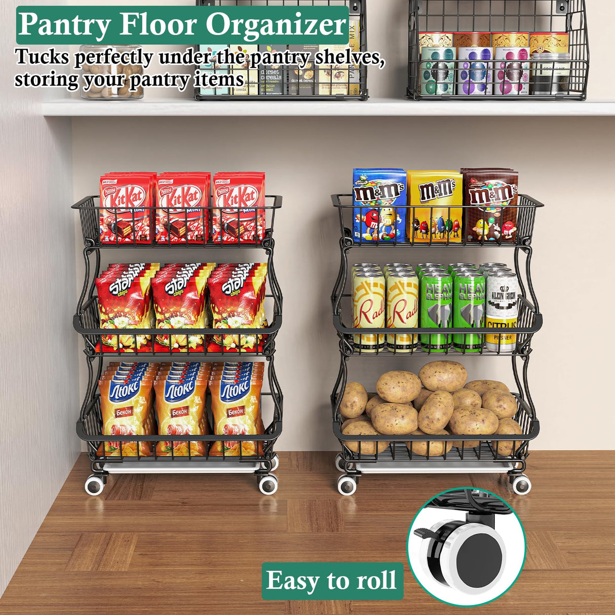 OKZEST 3-Tier Rolling Pantry Floor Organizers and Storage Cart with Wheels, Stackable Wire Pantry Baskets for Pantry Shelves, Kitchen Fruit Basket Stand and Storage Rack for Fruit Snack Onion Potato OKZEST
