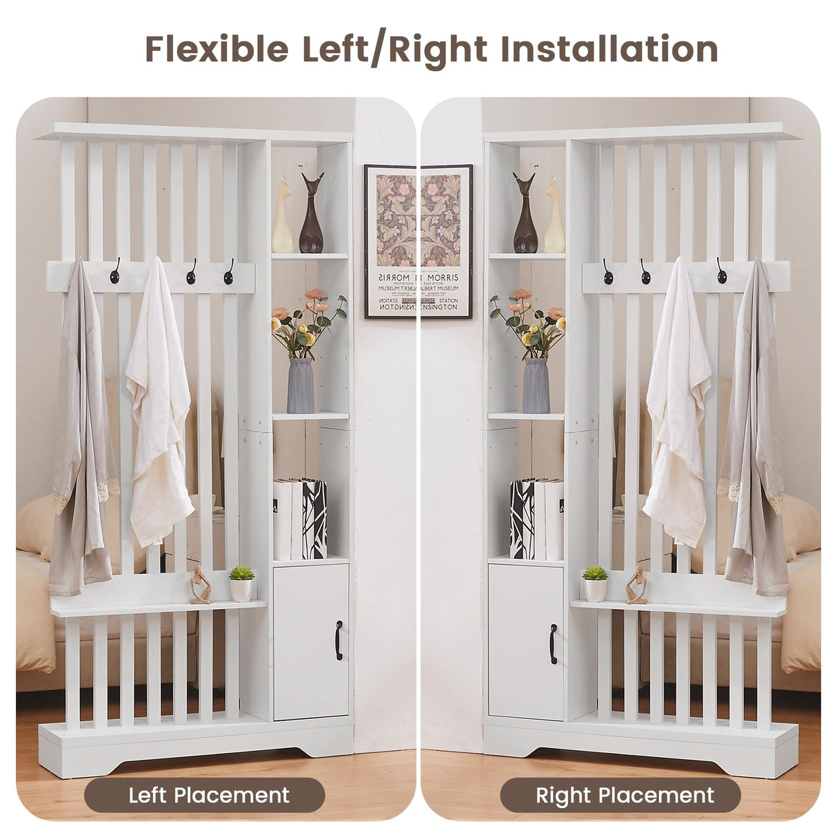 Room Divider with Shelves, Wall Room Divider Bookshelf, Freestanding Wood Privacy Screen with Storage Cabinet, Coat Rack, Display Shelf for Living Room Separation, Home Office Decorative (White) SAHISTCT